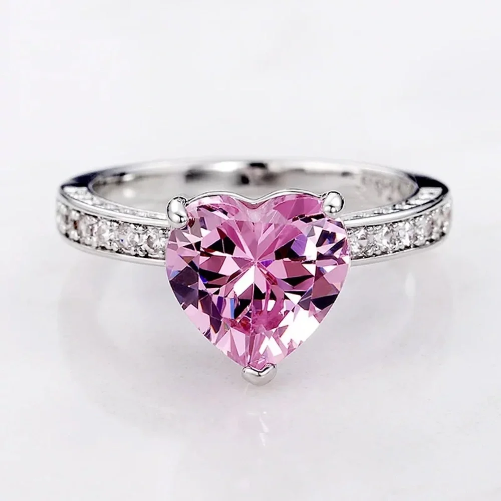 New Trendy Heart Shape Zircon Wedding Rings For Women Romantic Pink Enga… - Picture 2 of 4